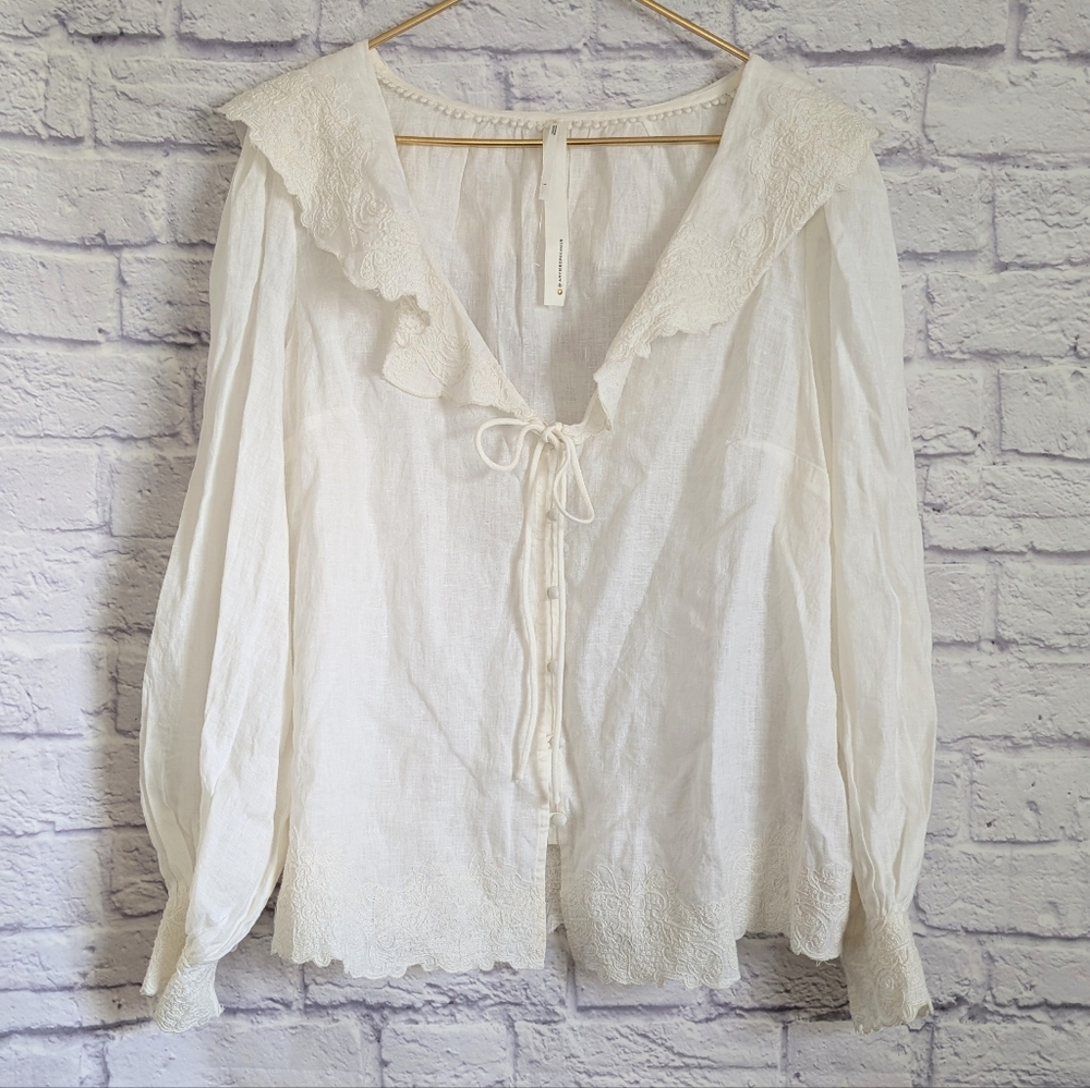 Anthropologie Long Sleeve Embroidered Linen Tie-Front Top L White Bohemian 70s - Picture 3 of 8